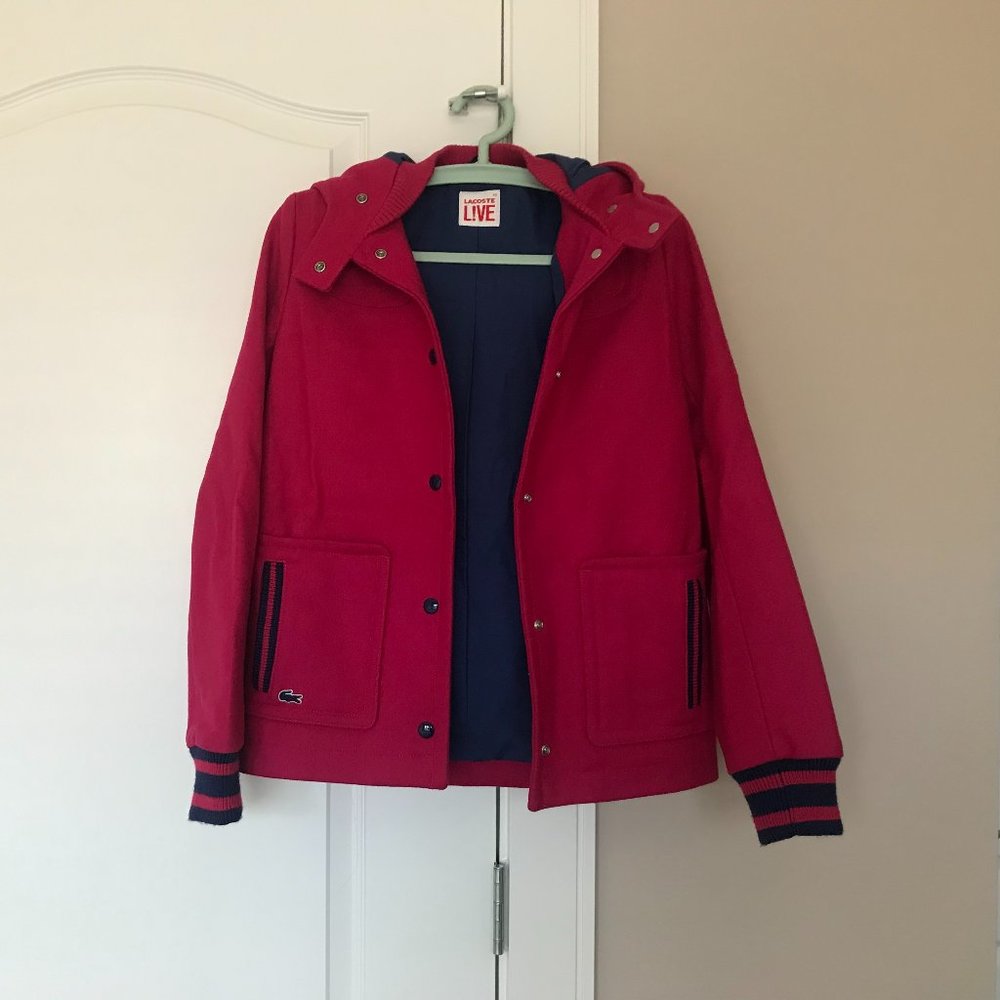 Lacoste Live Dark Pink Navy Blue Women’s Wool Blend Varsity Jacket Coat Size XS